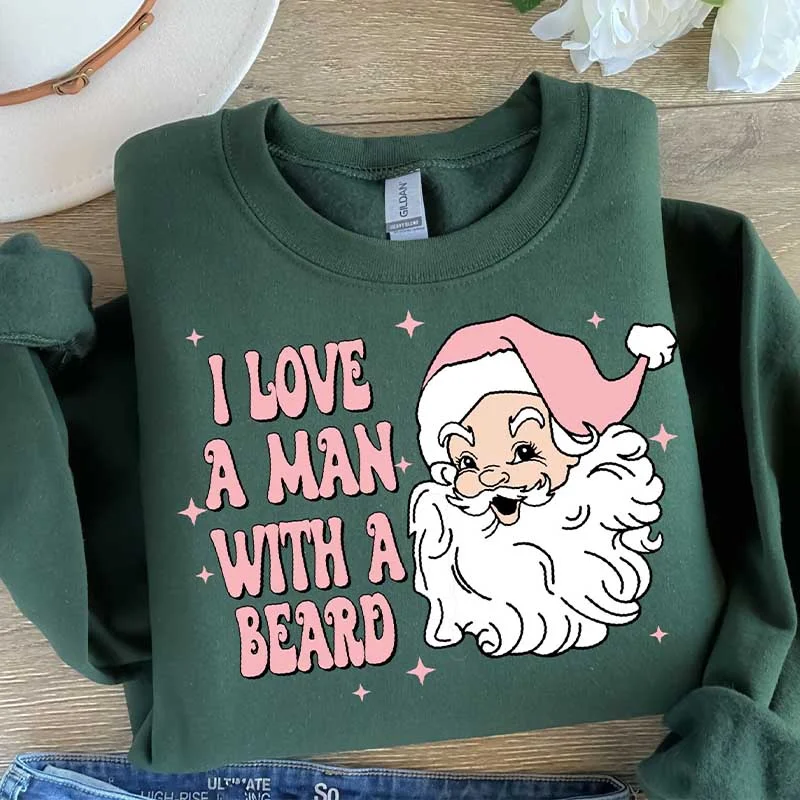 leather-ramie sweatshirts hybrid -I Love A Man With A Bearded Christmas Pink Hat Santa Sweatshirt