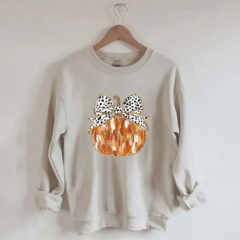 boucle-ramie sweatshirts plush -Fall Coquette Gold Glitter Pumpkin Sweatshirt