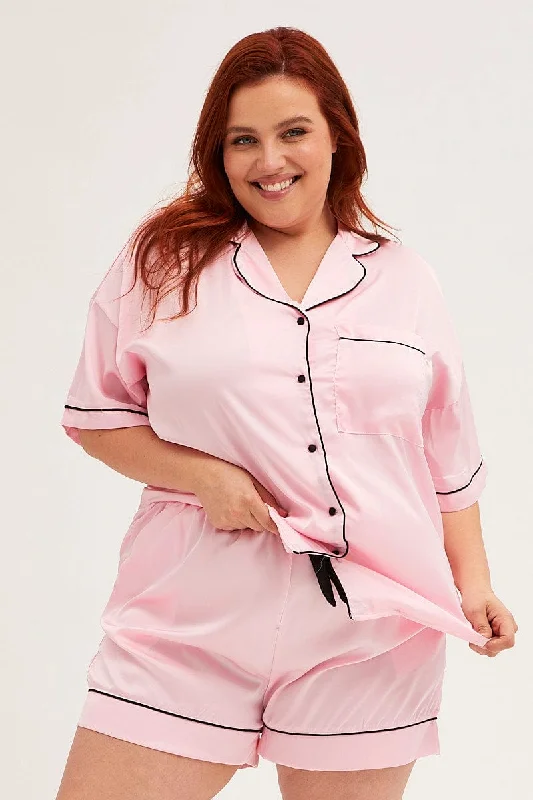 sustainable weave shorts -Pink Pyjamas Set Short Sleeve Collared Shorts Satin