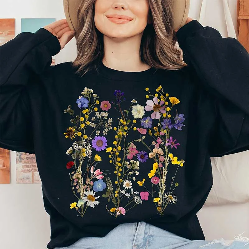 cropped sweatshirts adventure vibe -Boho Wildflowers Floral Graphic Sweatshirt