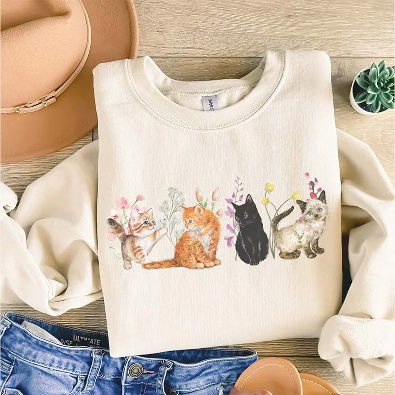 sweatshirts kids starry ridge -Floral Vintage Kittens and Pressed Flower Sweatshirt