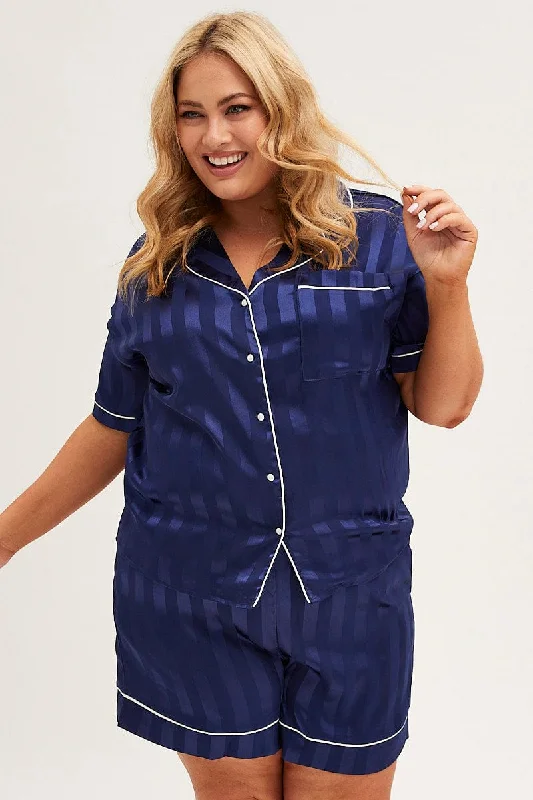 airy glow shorts -Blue Stripe Pyjamas Set Short Sleeve Collared Shorts Satin