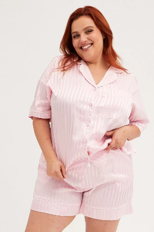 maternity light shorts -Pink Stripe Pyjamas Set Short Sleeve Collared Shorts Satin