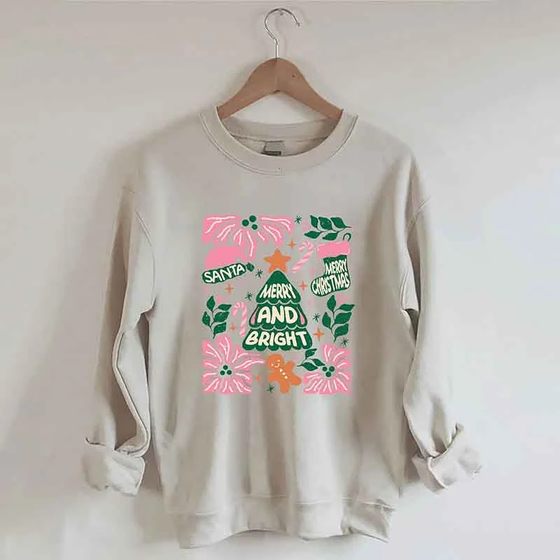 long sweatshirts festival wrap -Merry And Bright Christmas Tree Flower Sweatshirt