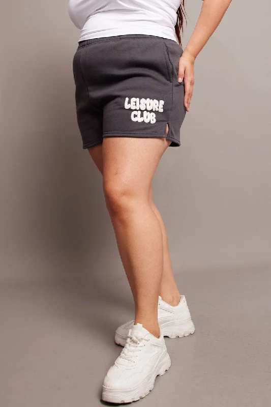 flare stretch shorts -Grey Track Shorts High Rise Elastic Waist