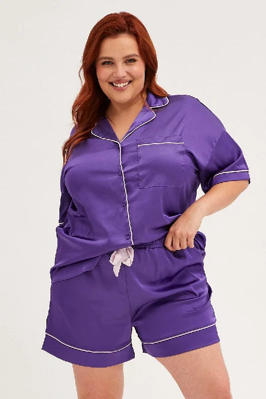 coral breezy shorts -Purple Pyjamas Set Short Sleeve Collared Shorts Satin