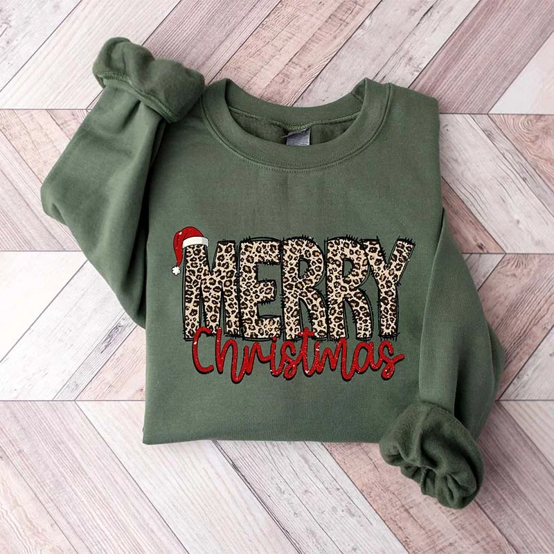 tweed-fleece sweatshirts classic -Leopard Printed Merry Christmas Sweatshirt