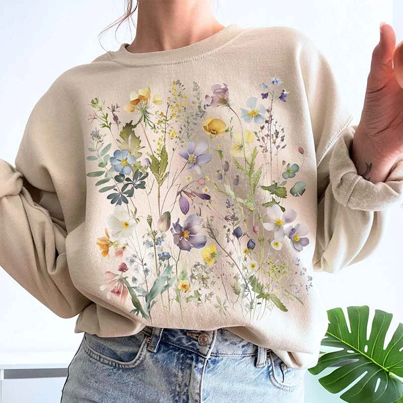 leather-jute sweatshirts hybrid -Cottagecore Spring Wildflowers Sweatshirt