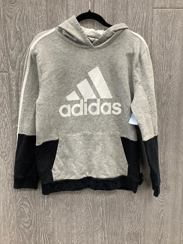 sweatshirts with glitter trim -Athletic Sweatshirt Hoodie By Adidas In Grey, Size: S