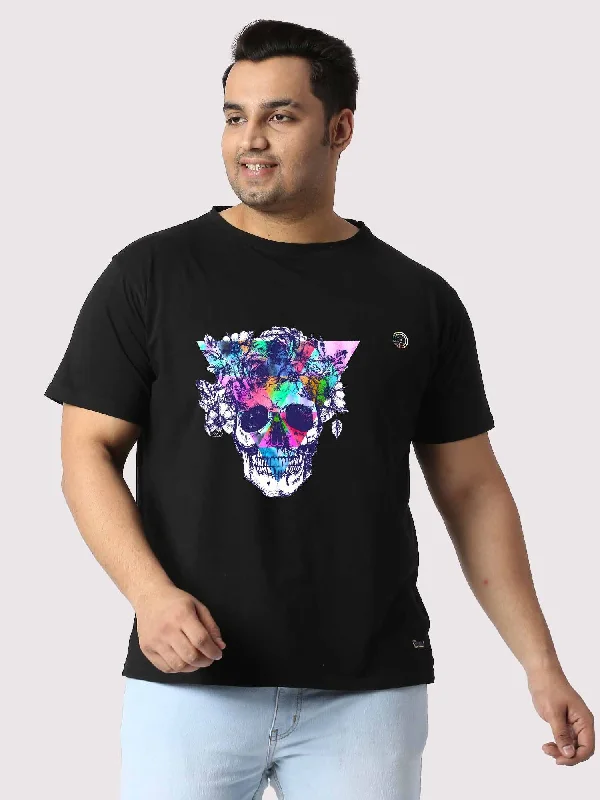 midi crop t-shirts -Men Plus Size Black Colour Splash Skull Printed Round Neck T-Shirt