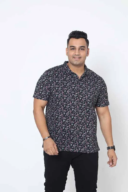 soft hem t-shirts -Men Plus Size Black Floral Printed Polo Collar T-shirt