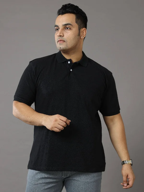 sky burst t-shirts -Black Solid Polo Collar Pure Cotton T-SHIRT Men's Plus Size