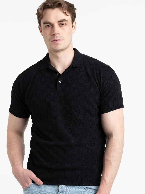 citron glow t-shirts -Black Terry Towel Checkered Polo Knit