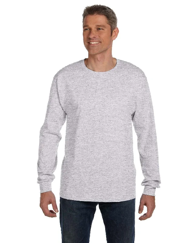 wide bar t-shirts -Hanes Tagless Long Sleeve Pocket T-Shirt | Ash