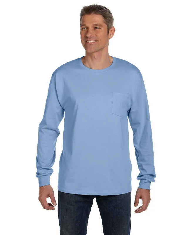 jersey knit t-shirts -Hanes Tagless Long Sleeve Pocket T-Shirt | Light Blue