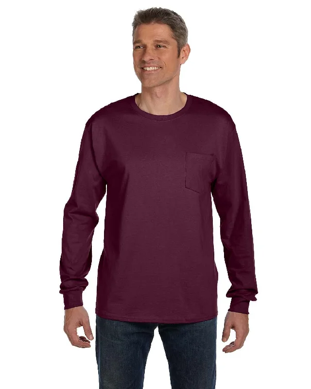 cocoa worn t-shirts -Hanes Tagless Long Sleeve Pocket T-Shirt | Maroon