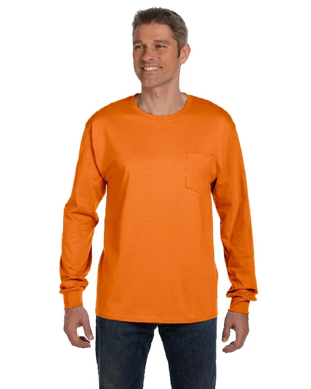 side slit t-shirts -Hanes Tagless Long Sleeve Pocket T-Shirt | Orange