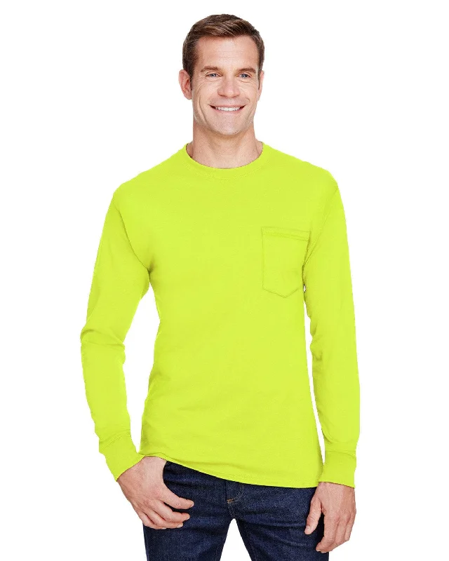 camel flash t-shirts -Hanes Workwear Long Sleeve Pocket T-Shirt | Safety Green