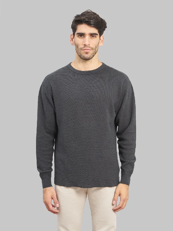 plus cozy t-shirts -Loop & Weft Double Face Hex Honeycomb Crewneck Thermal Antique Black