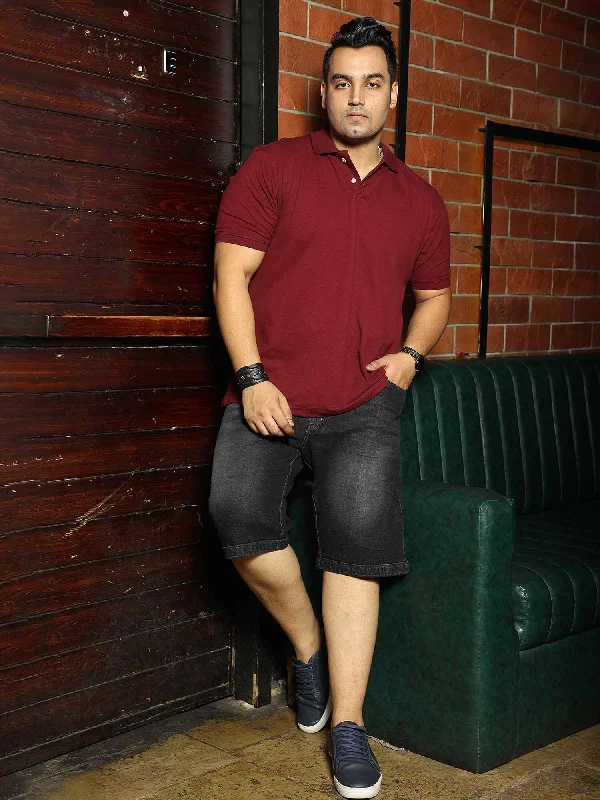 rose cozy t-shirts -Maroon Solid Polo Collar Pure Cotton T-SHIRT Men's Plus Size