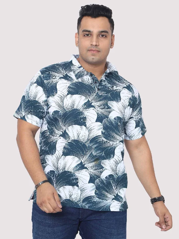 soft scoop t-shirts -Men Plus Size Big Grey Flower Digital Printed Polo Collar T-shirt