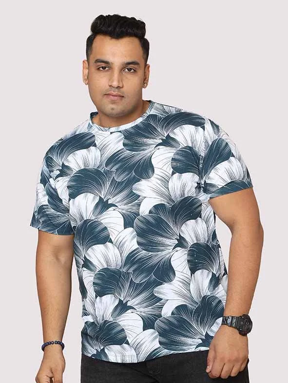 vivid stretch t-shirts -Men Plus Size Big Grey Flower Digital Printed Round Neck T-Shirt