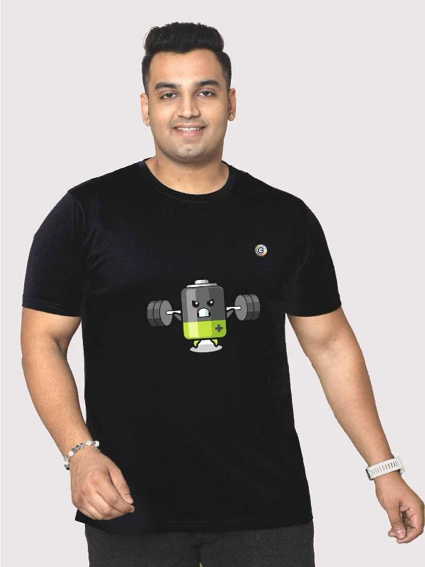 tight flash t-shirts -Men Plus Size Black Battery Cartoon Printed Round Neck T-Shirt