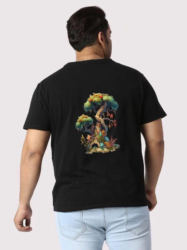 maternity glow t-shirts -Men Plus Size Black Bonsai Tree Printed Round Neck T-Shirt.