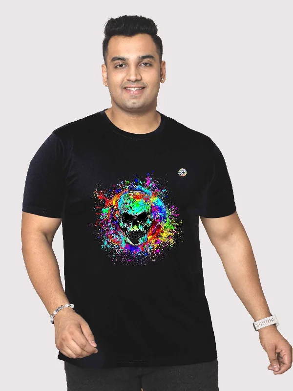 zipper detail t-shirts -Men Plus Size Black Colorful Skull Printed Round Neck T-Shirt