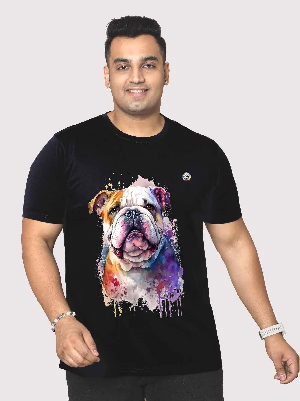 ruched sleeve t-shirts -Men Plus Size Black Dog Printed Round Neck T-Shirt