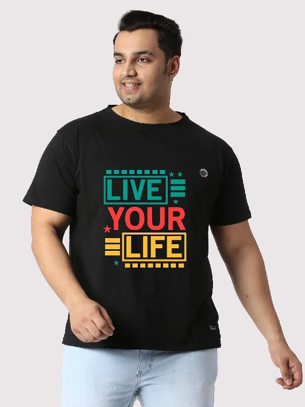 gunmetal t-shirts -Men Plus Size Black Live Your Life Printed Round Neck T-Shirt