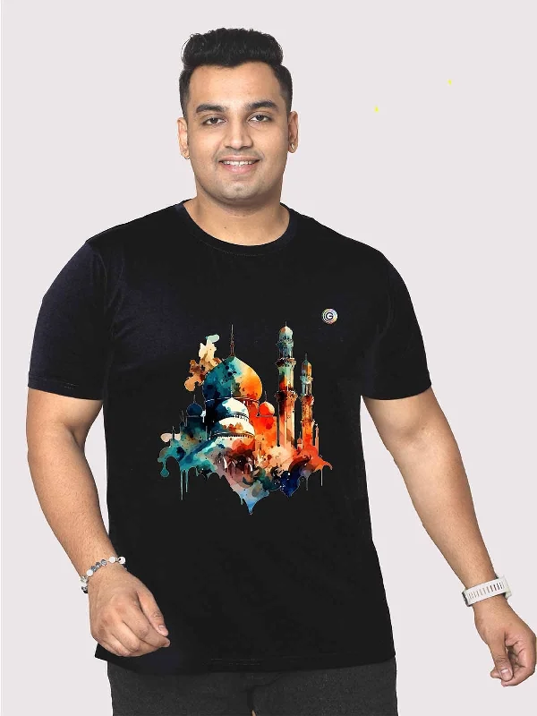 mango stretch t-shirts -Men Plus Size Black Mosque Printed Round Neck T-Shirt