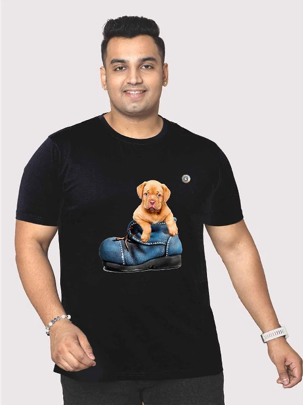 kiwi fade t-shirts -Men Plus Size Black Puppy in a Shoe Printed Round Neck T-Shirt