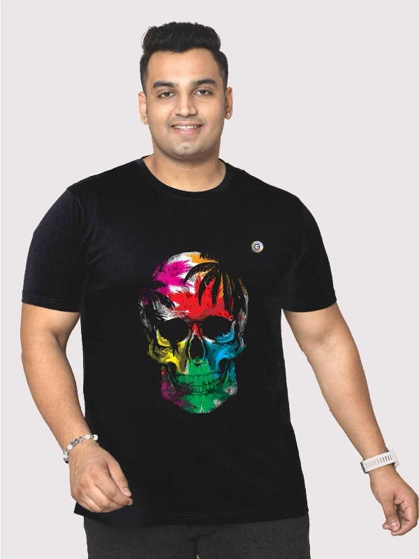 long flash t-shirts -Men Plus Size Black Tropical Skull Printed Round Neck T-Shirt