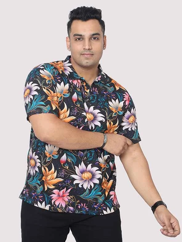 metro sleek t-shirts -Men Plus Size Blue Floral Digital Printed Polo Collar T-shirt