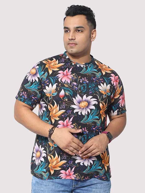 newborn flash t-shirts -Men Plus Size Blue Floral Digital Printed Round Neck T-Shirt