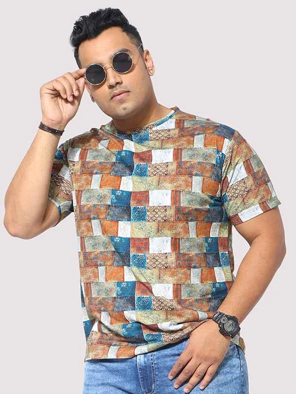 royal stretch t-shirts -Men Plus Size Bricks Digital Printed Round Neck T-Shirt