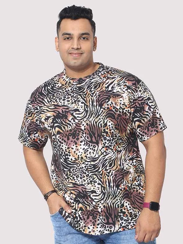 heavy stretch t-shirts -Men Plus Size Cheetah Pattern Digital Printed Round Neck T-Shirt