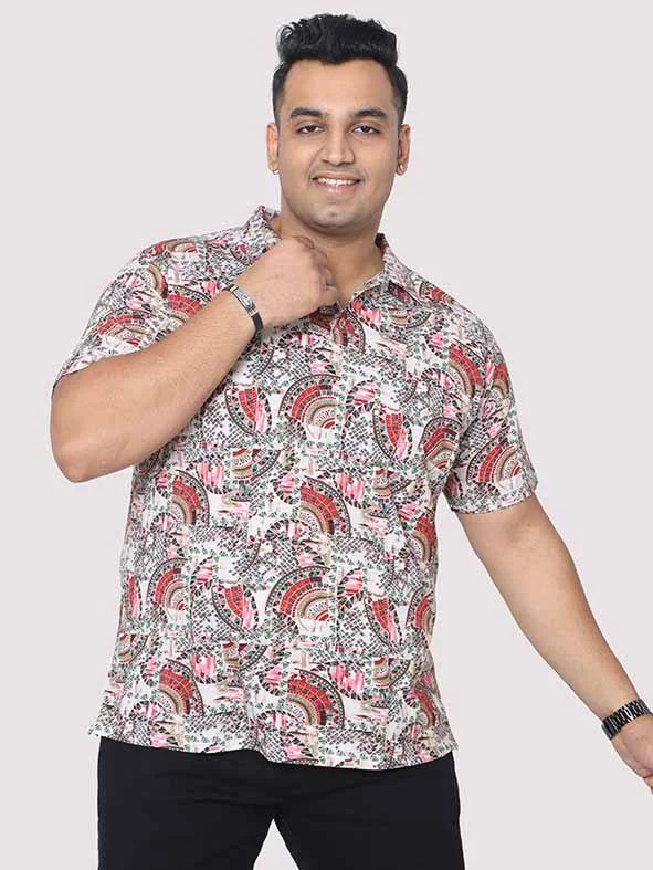 lime sleek t-shirts -Men Plus Size Ethnic Red Digital Printed Polo Collar T-shirt