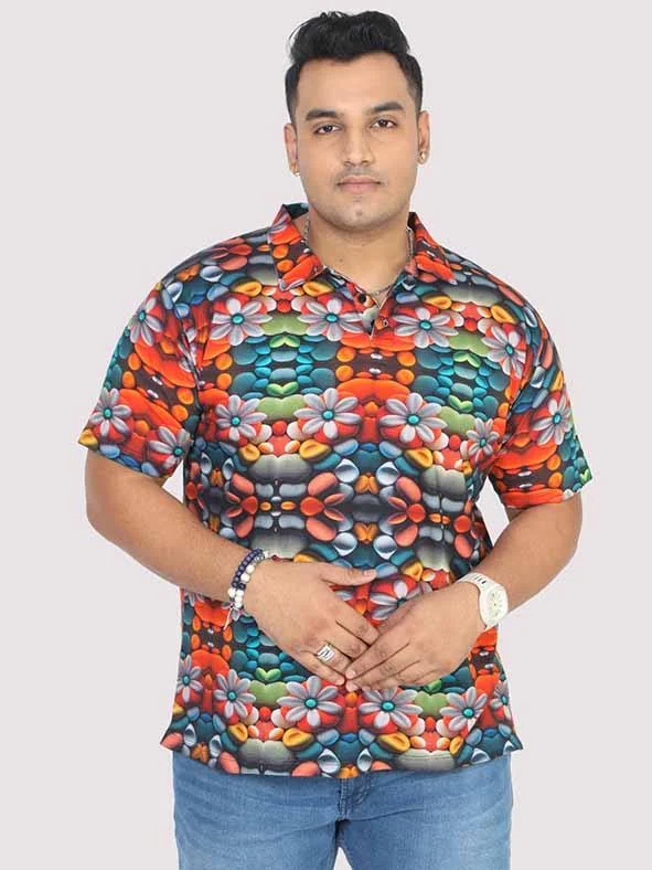 sky fade t-shirts -Men Plus Size Flower Mirror Digital Printed Polo Collar T-shirt