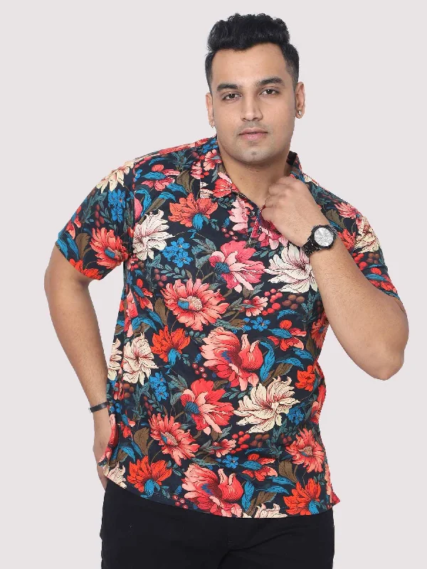 iron cozy t-shirts -Men Plus Size Red Floral Digital Printed Polo Collar T-shirt