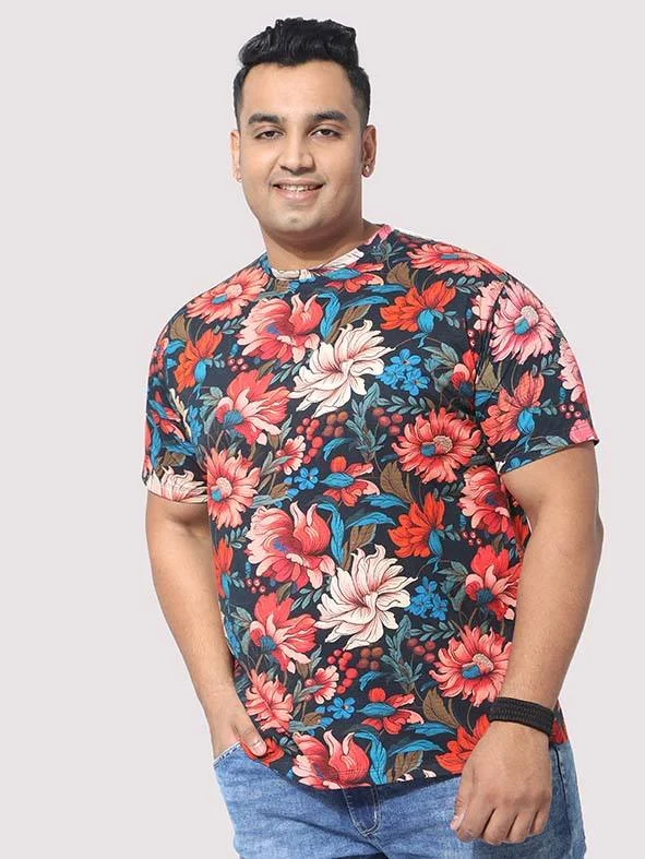 short glow t-shirts -Men Plus Size Red Floral Digital Printed Round Neck T-Shirt