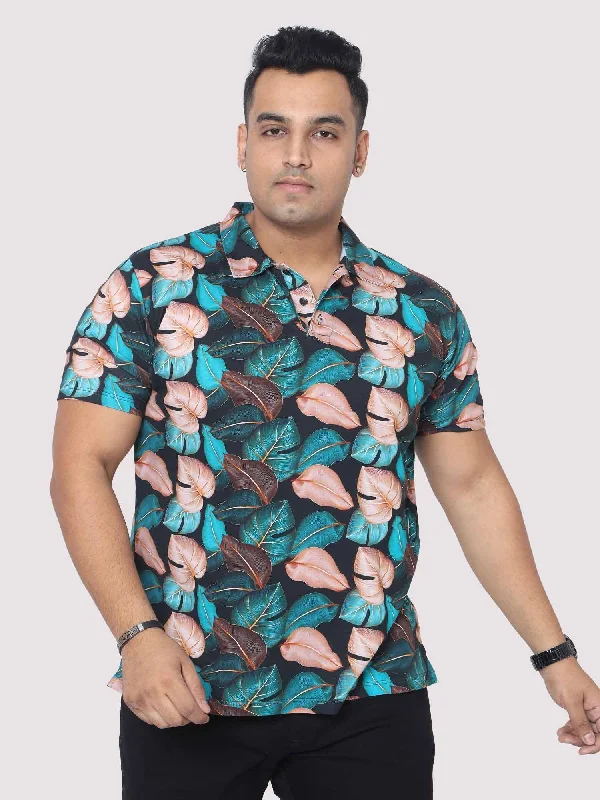 lilac sleek t-shirts -Men Plus Size Tropical Leaf Digital Printed Polo Collar T-shirt