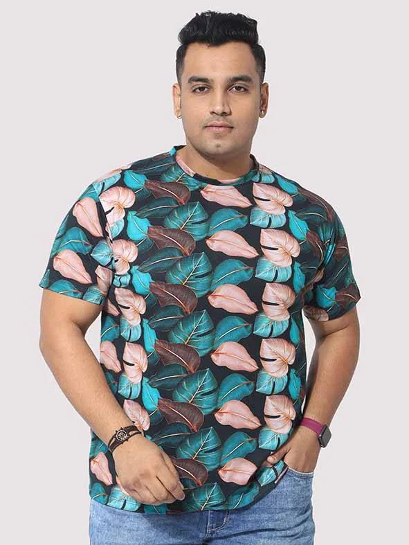 coral gym t-shirts -Men Plus Size Tropical Leaf Digital Printed Round Neck T-Shirt