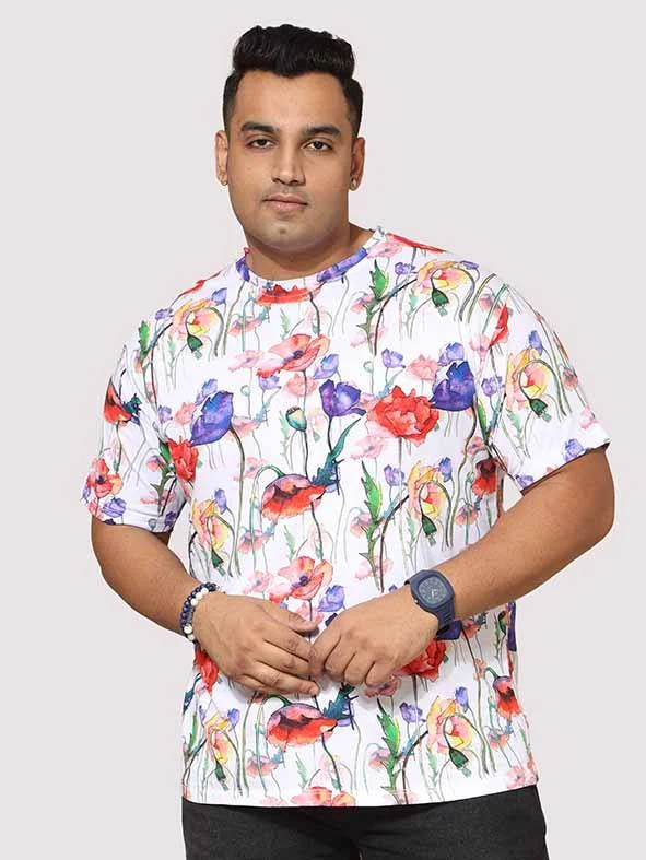 amber stretch t-shirts -Men Plus Size Watercolour Flower Digital Printed Round Neck T-Shirt