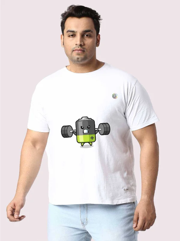 crisp burst t-shirts -Men Plus Size White Battery Cartoon Printed Round Neck T-Shirt