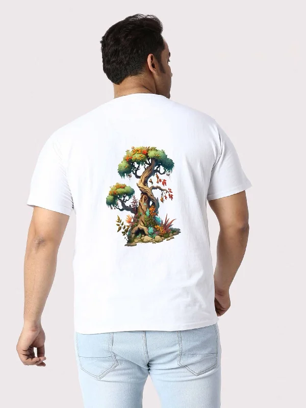 walnut stretch t-shirts -Men Plus Size White Bonsai Tree Printed Round Neck T-Shirt