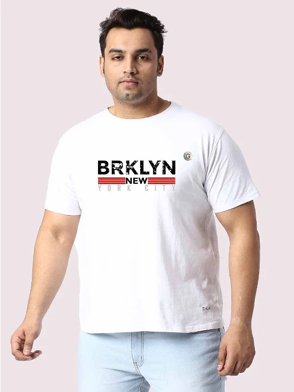 men’s durable t-shirts -Men Plus Size White Brooklyn Printed Round Neck T-Shirt