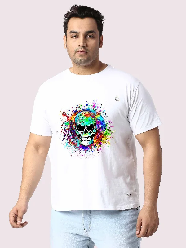 breezy stretch t-shirts -Men Plus Size White Colorful Skull Printed Round Neck T-Shirt