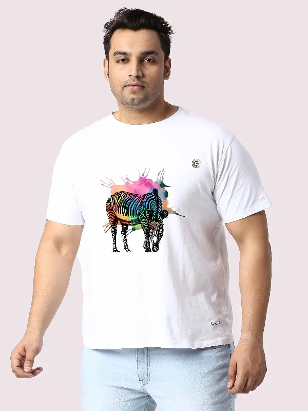 fan gear t-shirts -Men Plus Size White Colorful Zebra Printed Round Neck T-Shirt